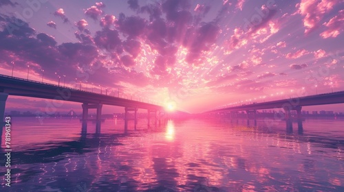 sunset on the big bridge with vaporwave tone color, suitable for wallpaper, posters. Generative AI