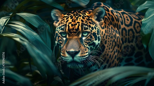 AI-generated illustration of a jaguar behind the green bushes in a jungle