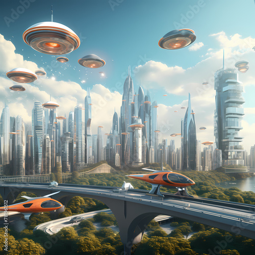 Futuristic skyline with flying cars.