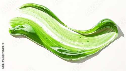 Liquid green gel smear isolated on white background. facial jelly serum. Aloe vera cosmetic product, natural ingredients and laboratory glassware.