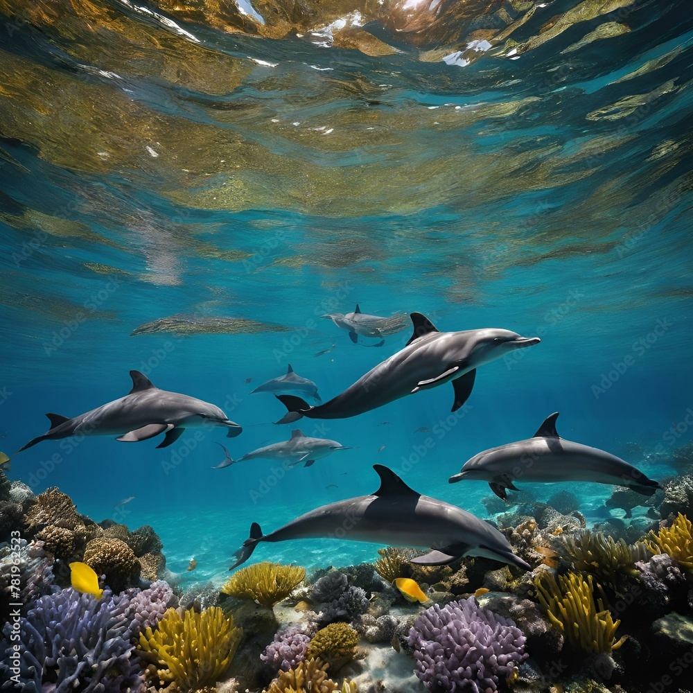Fototapeta premium AI generated illustration of group of dolphins swimming in ocean with rocks