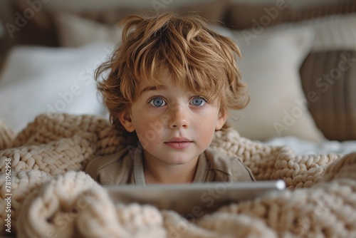 In a portrait, a curious and lovely boy plays with a tablet under a knitted blanket in his bedroom.