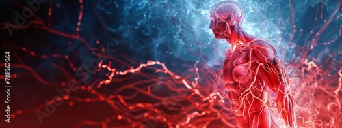A background depicting the human circulatory system with arteries, veins, and a beating heart in a transparent view. (Consider specifying other systems like nervous or respiratory) photo