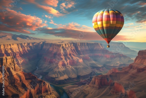 AI generated illustration of a hot air balloon soaring above canyon amidst clouds
