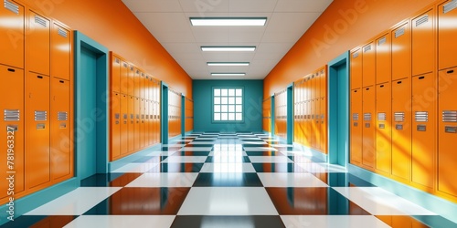 Brightly lit school locker hallway in orange photo
