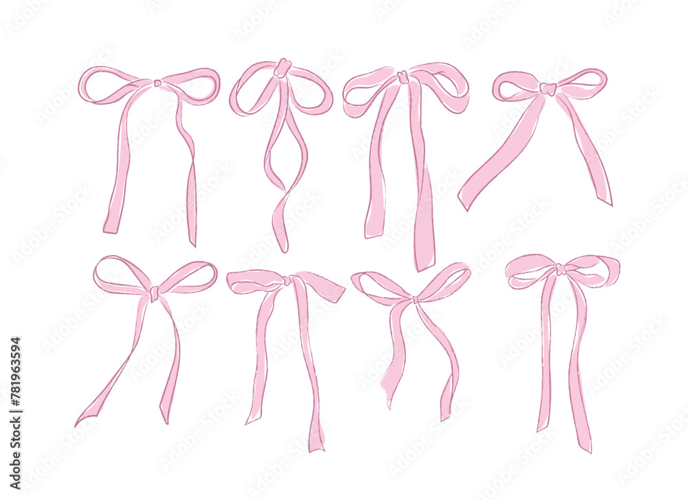 Cute coquette ribbon bow vector, soft girl bow clip art vector. Hand drawn pink ribbon bow line art - obrazy, fototapety, plakaty 
