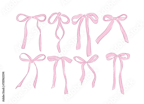 Cute coquette ribbon bow vector, soft girl bow clip art vector. Hand drawn pink ribbon bow line art