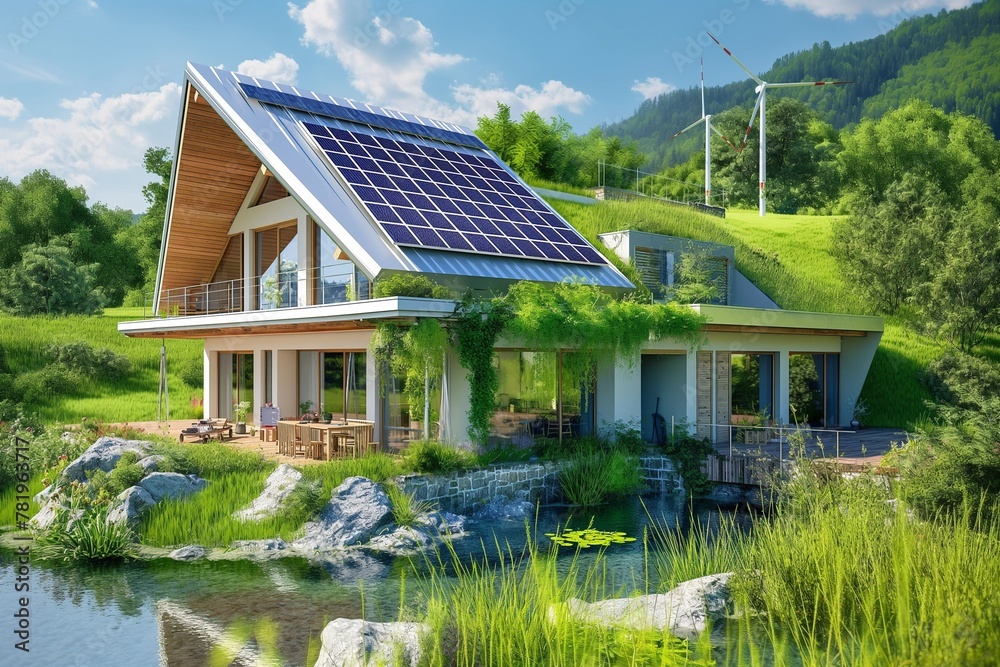 AI generated illustration of solar panels installed on a lush green ...