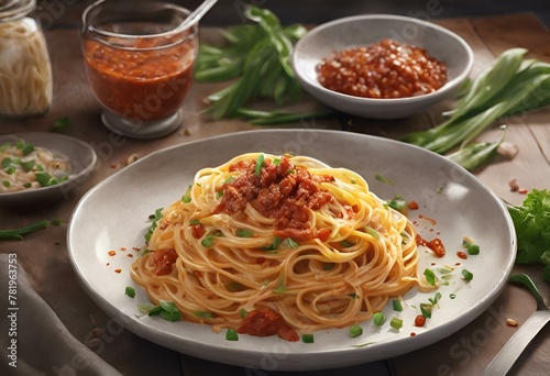 AI generated illustration of spaghetti with rich tomato sauce served in a pristine white bowl