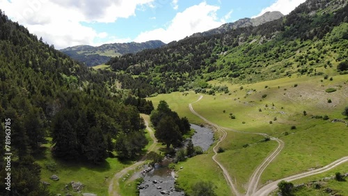Aerial Drone Footage Pyrenees
 mountains in a sunny day.  Montgarri. Val d'Aran, Lleida, Spain.