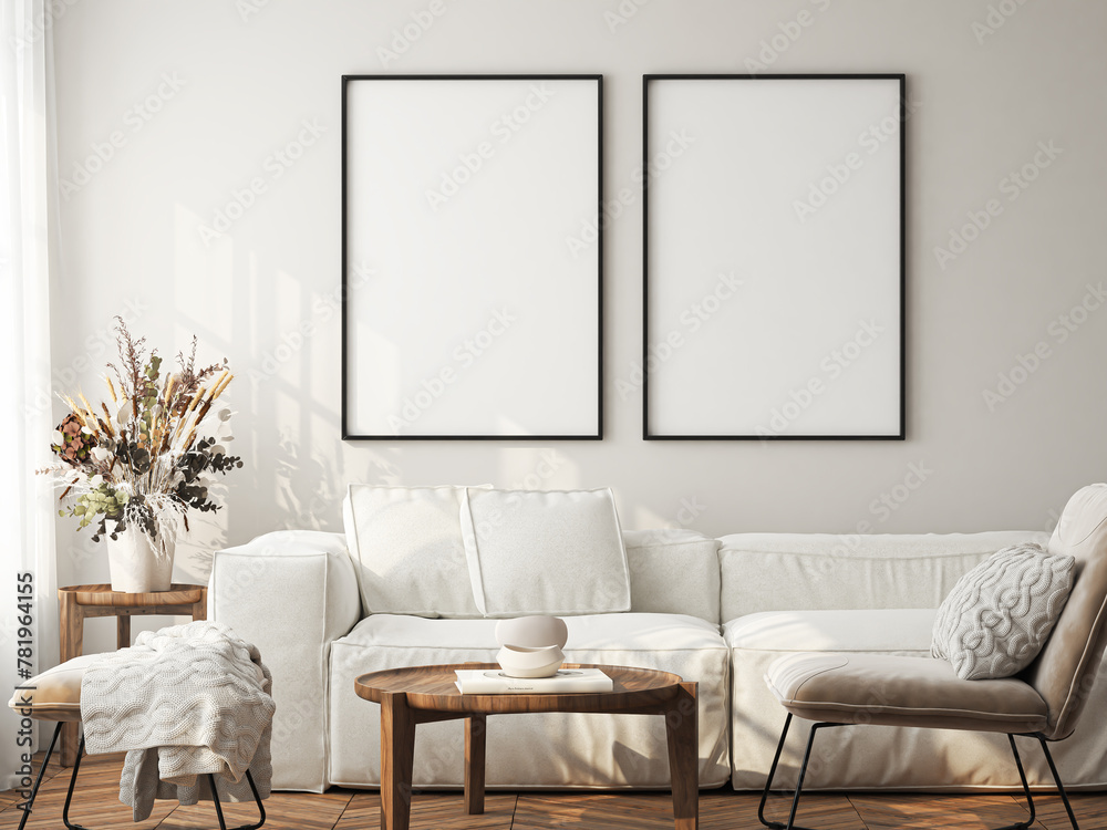 Frame mockup, ISO A paper size. Living room wall poster mockup. Interior mockup with house background. Modern interior design. 3D render
 - obrazy, fototapety, plakaty 