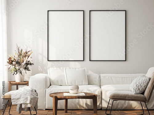 Frame mockup, ISO A paper size. Living room wall poster mockup. Interior mockup with house background. Modern interior design. 3D render  © mtlapcevic
