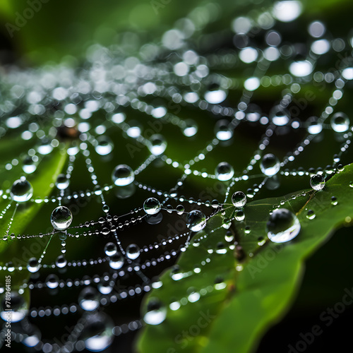 Macro shot of water droplets on a spiderweb.