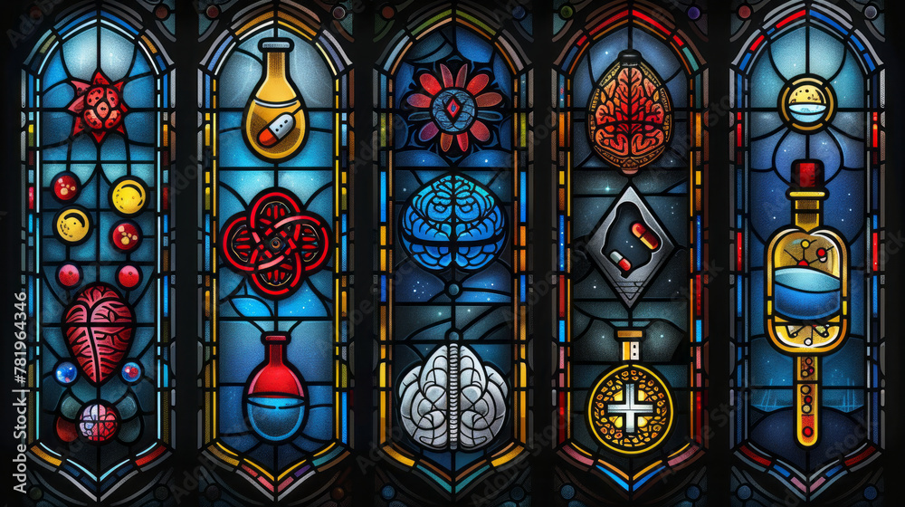Stained glass icons with a medical theme.  