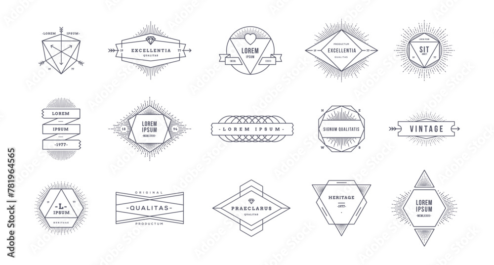 Set of outline retro emblems, signs and logo with sunburst rays. Vector illustration.
