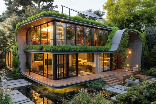 AI generated illustration of A modern glass house adorned with lush vegetation