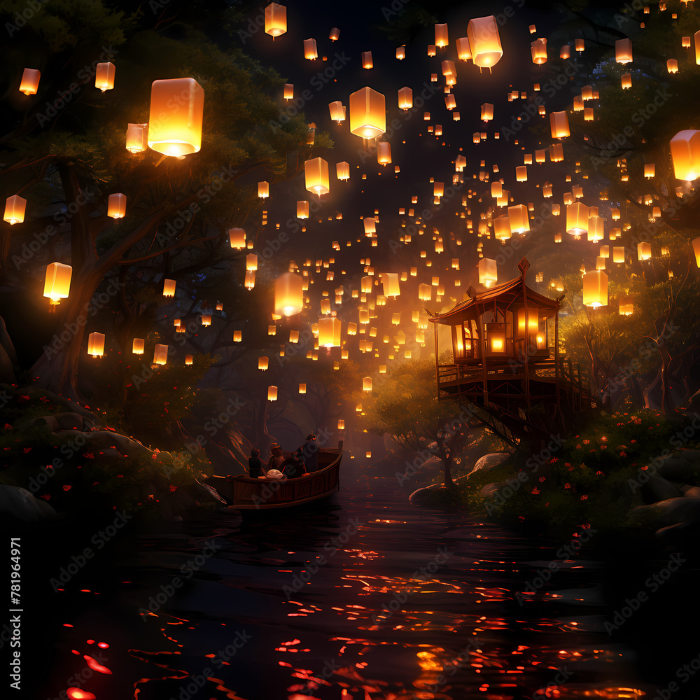 Mystical forest with floating lanterns.