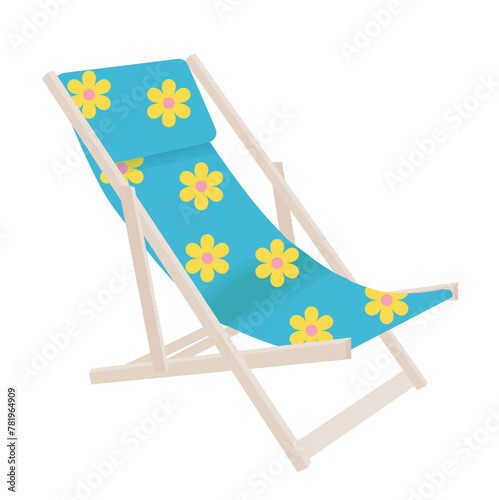 Chaise longue icon blue with yellow flowers isolated on transparent and white background.Close up element for design decoration. Summer time. Vector cartoon illustration. Beach games.