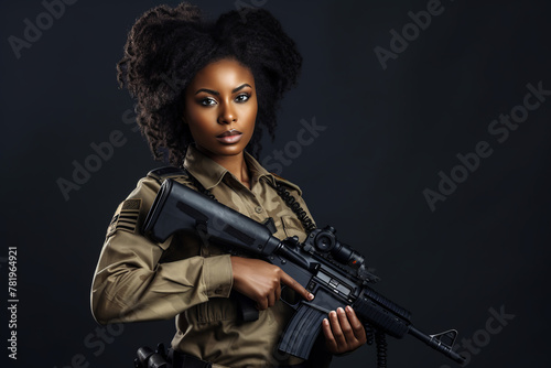 african american woman, special forces soldier, armed woman in black gear holding an assault rifle