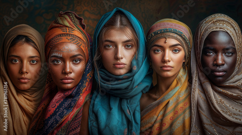 AI generated illustration of celebrating diversity, with five women adorned in cultural fabrics