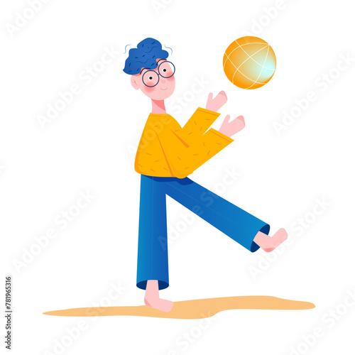Boy in Glasses Playing with a Ball on the sand vector illustration