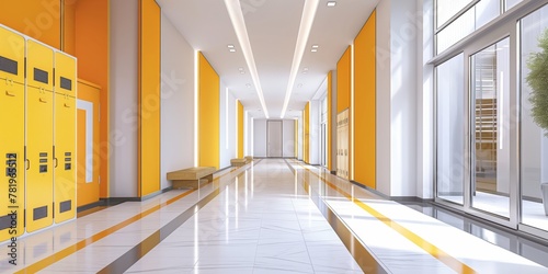 Bright school corridor with yellow lockers and bench