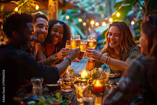 Group of multi ethnic friends having backyard dinner party together - Diverse young people sitting at bar table toasting beer glasses in brewery pub garden Happy hour