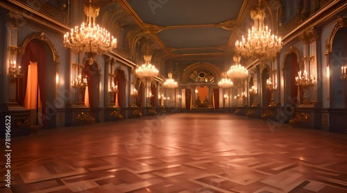 long shot palace hall. interior of a historic palace, luxury corridor with a large window and gold ornament photo