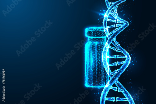 Genetic innovation, Medical advancement futuristic concept with DNA strand and vaccine ampoule