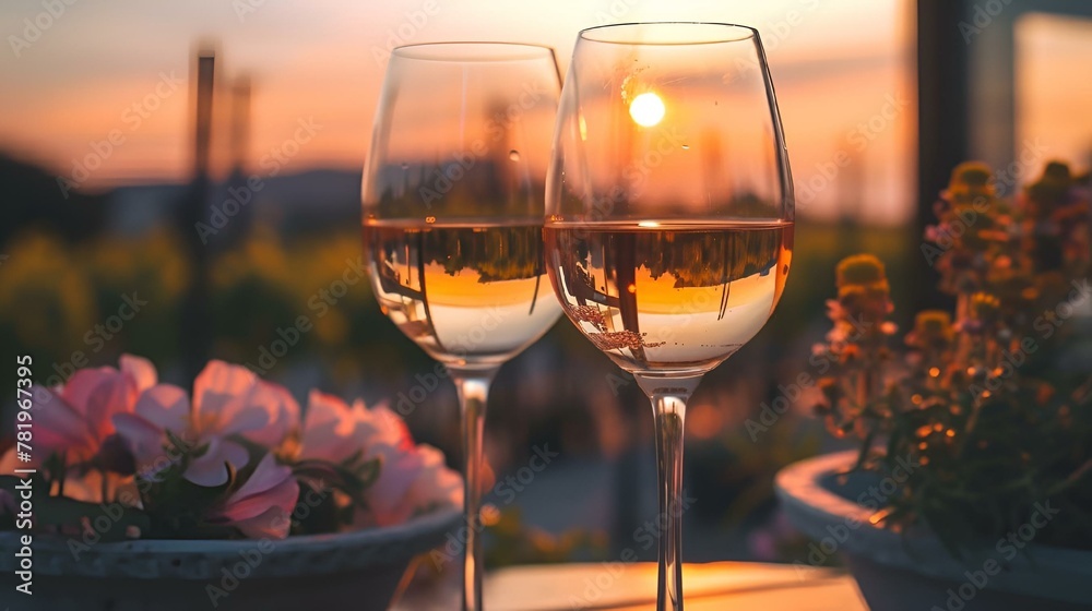 wine glasses on a table overlooking a sunset with flowers in pots
