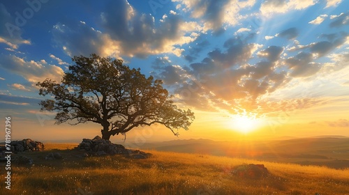 a lone tree on a hill overlooking the sun rise from behind