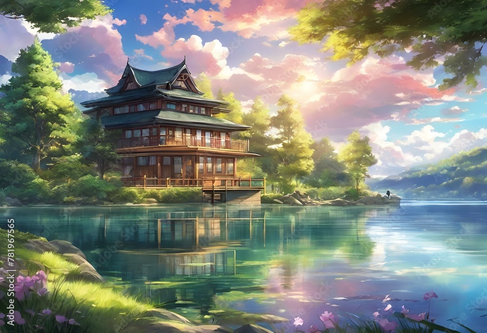 an asian house on the lake in a forest area, with flowers and water