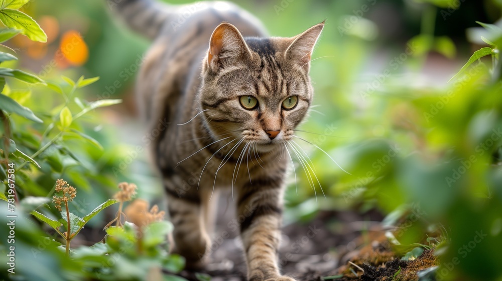 AI-generated illustration of a tabby cat walking among green plants in the garden