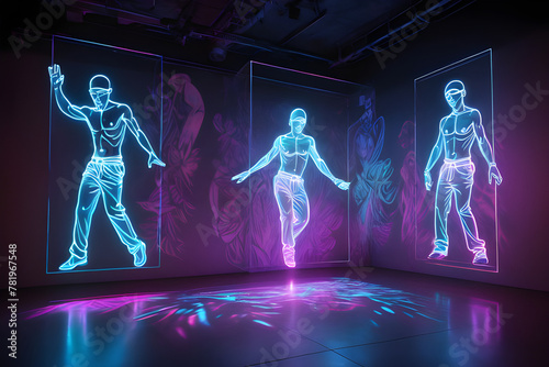 a rave club,  etherial hologram person  dancing, neon outline, laser, LED, mesmerizing, immersive, art installation,  lighting, transcendence.