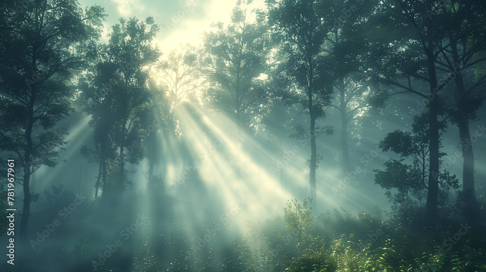 Naklejka premium Sun rays through the forest, blue and misty morning.