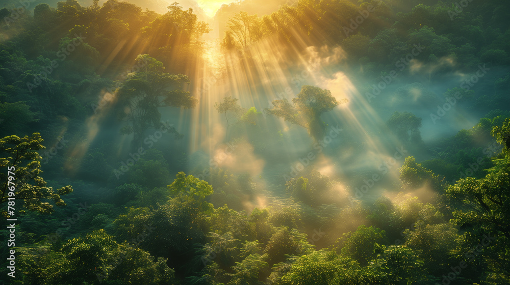 Fototapeta premium Sun beams through the misty forest, early morning rays with a golden glow.