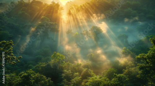 Sun beams through the misty forest, early morning rays with a golden glow.