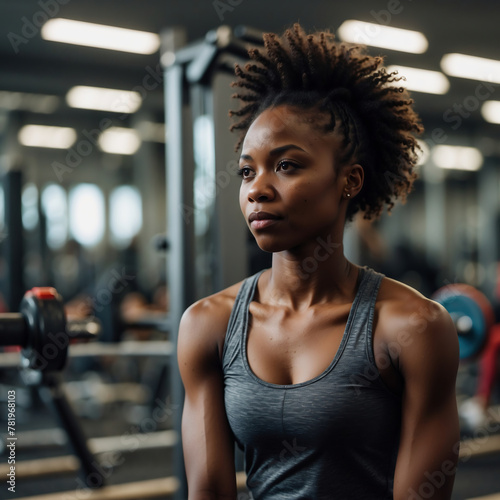 Afroamerikanische Sportlerin fokussiert und bereit im Fitnessstudio nach einem anspruchsvollen Training photo