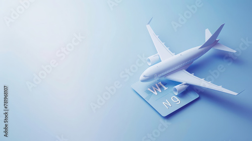 Logo, inscription "WI ng" on a creative airplane ticket or travel brochure