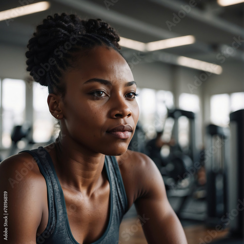 Afroamerikanische Sportlerin findet Ruhepause im belebten Fitnessstudio nach intensivem Training