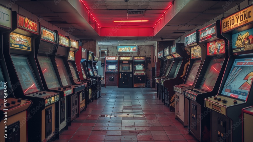 an arcade machine room with vintage slot machines on the wall