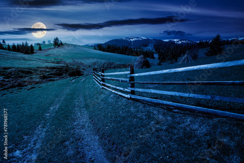 carpathian countryside scenery in spring at night. mountainous rural landscape with path through the meadow and haystack behind the wooden fence in full moon light. fir forest on the grassy hill 