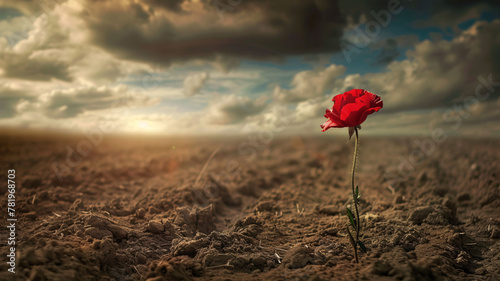 lone red rose in an almost empty field, with cloudy sky