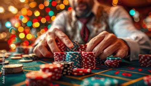 A person is playingin casino, with their hands holding chips on the table in front of them. The background is blurred