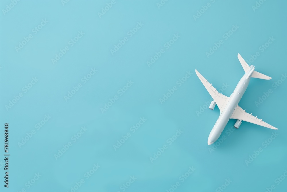 White airplane model on blue background White airplane model on blue background