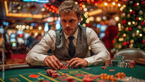 A person is playingin casino  with their hands holding chips on the table in front of them. The background is blurred