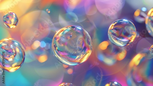 The image is rendered in 3D with abstract holographic liquid blobs, soap bubbles, metaballs, and other forms of floating liquid.