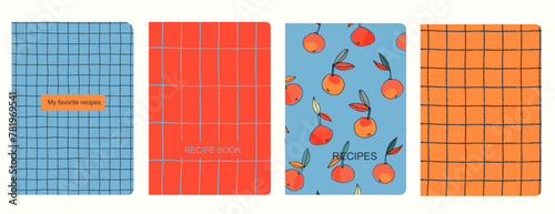 Cover page vector templates for recipe books based on seamless patterns with hand drawn apples, pears, plums. Cookery books cover layout. Healthy fruit, vegan food concept