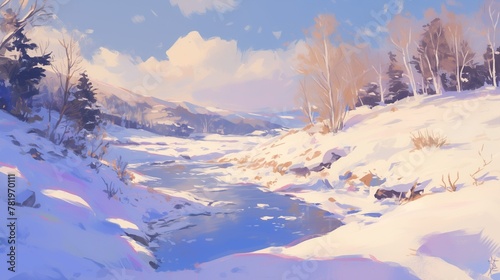 AI generated illustration of a scenic winter river landscape