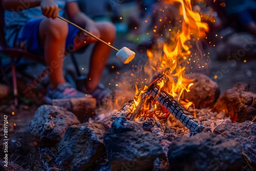 AI-generated illustration of a child roasting a marshmallow over a campfire